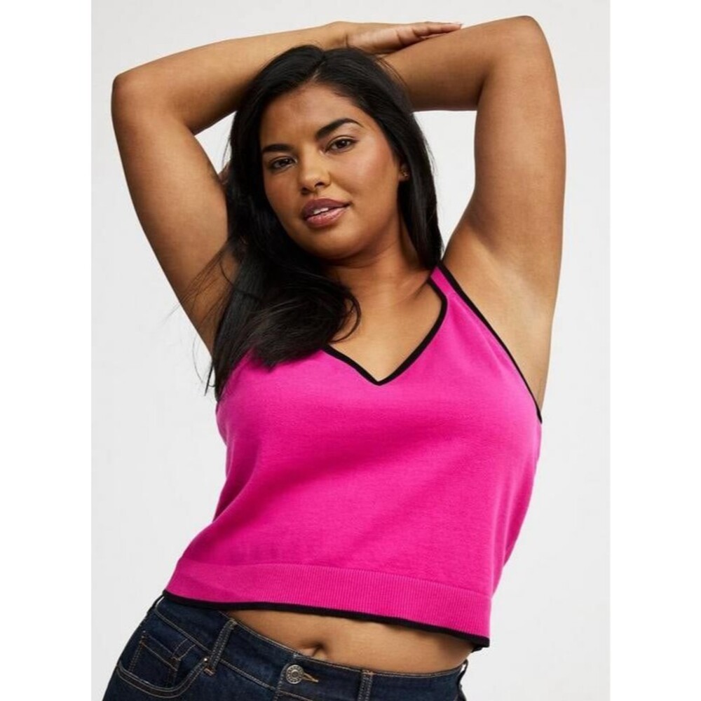 Torrid Cropped Sweater Tank Fuchsia and Black Lined size 00 M/L (10)